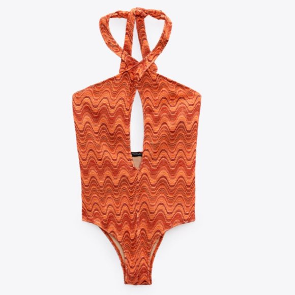 NWT ZARA WAVE PRINT HALTER SWIMSUIT ORANGE - Picture 2 of 3